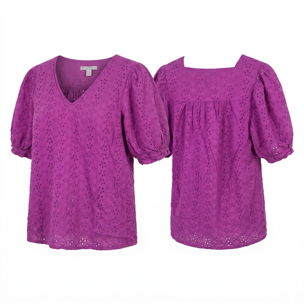 Draper James Purple Eyelet Puff Sleeve Cotton Blouse Size Small